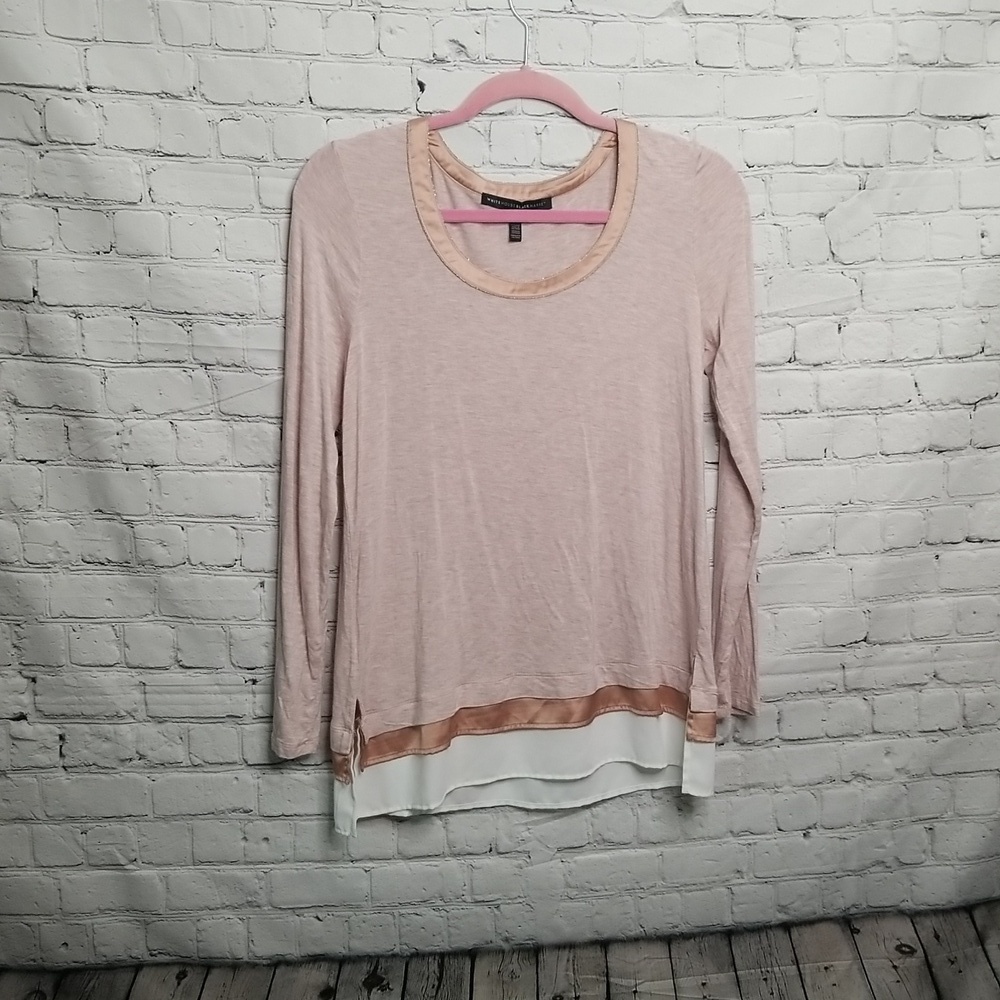 White House Black Market Blouse Peach Cream Crew Neck Small Two-tone 🎯